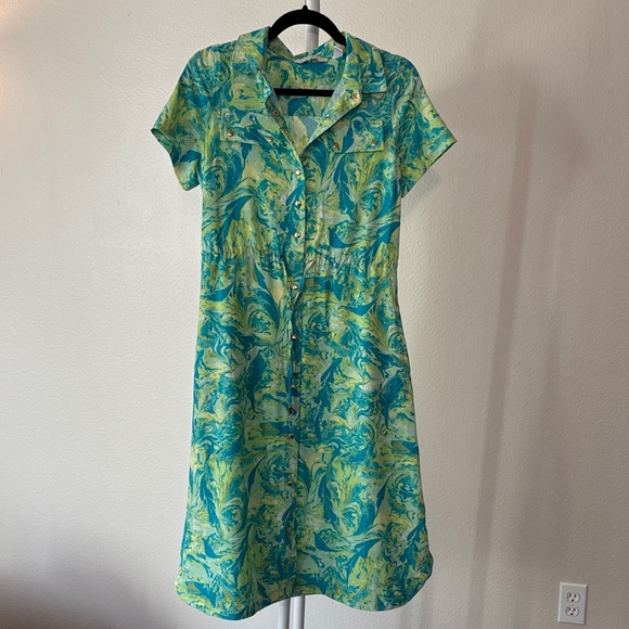 Isaac Mizrahi Green and Blue Patterned Dress with tie waist - Picture 1 of 14
